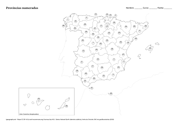 Mapa mudo de España: Provincias numeradas (A4)