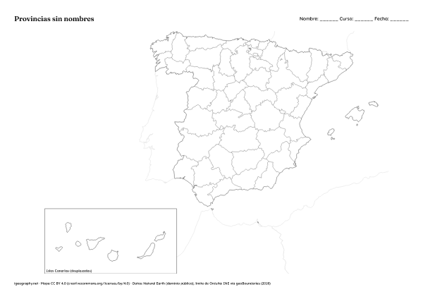 Mapa mudo de España: Provincias sin nombres (A4)
