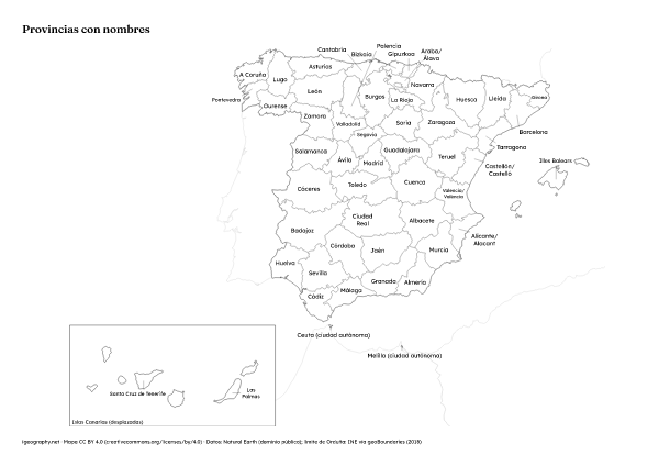 Mapa mudo de España: Provincias con nombres (A4)