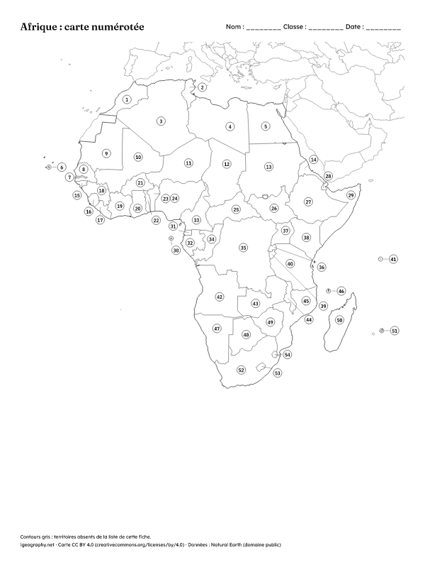 Carte de l’Afrique vierge et carte avec les pays : Carte numérotée et corrigé (aperçu)