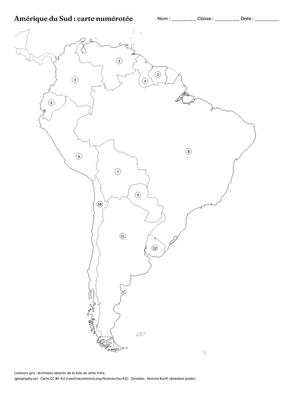 Carte de l’Amérique du Sud vierge à imprimer : Carte numérotée et corrigé (aperçu)
