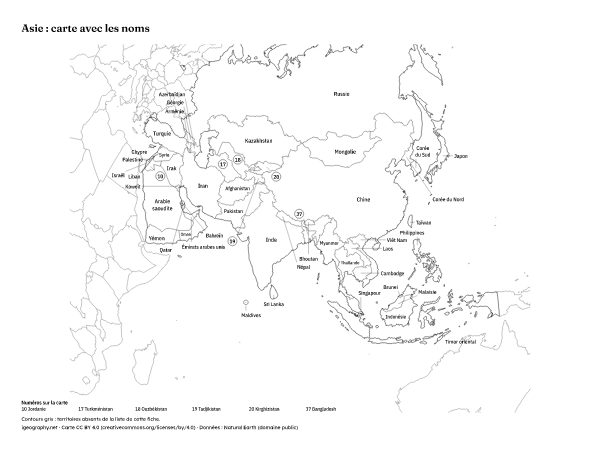 Carte de l’Asie vierge à imprimer : Carte avec les noms (aperçu)