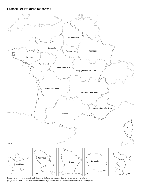 Carte de France vierge avec les régions et carte avec les noms : Carte avec les noms (aperçu)