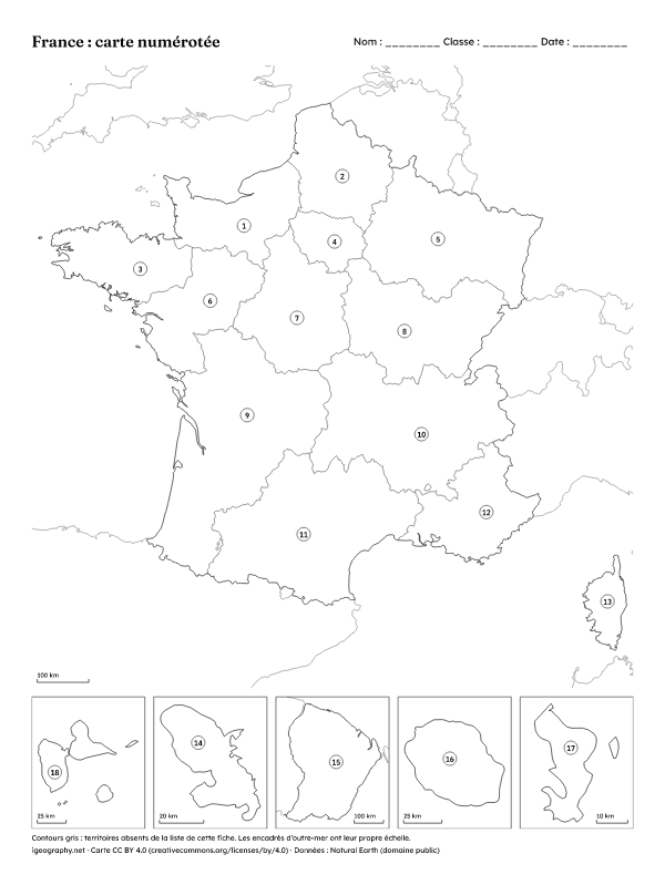 Carte de France vierge avec les régions et carte avec les noms : Carte numérotée et corrigé (aperçu)