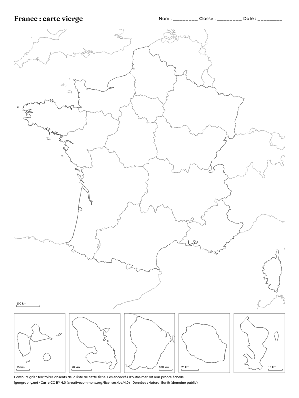 Carte de France vierge avec les régions et carte avec les noms : Carte vierge (aperçu)
