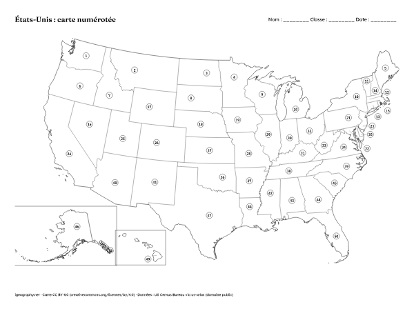 Carte des États-Unis vierge et carte avec les États : Carte numérotée et corrigé (aperçu)