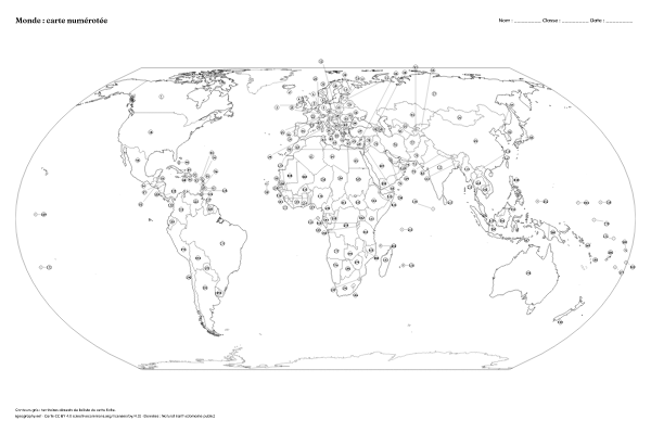 Carte du monde vierge et carte du monde avec les pays : Carte du monde numérotée et corrigé (affiche) (aperçu)