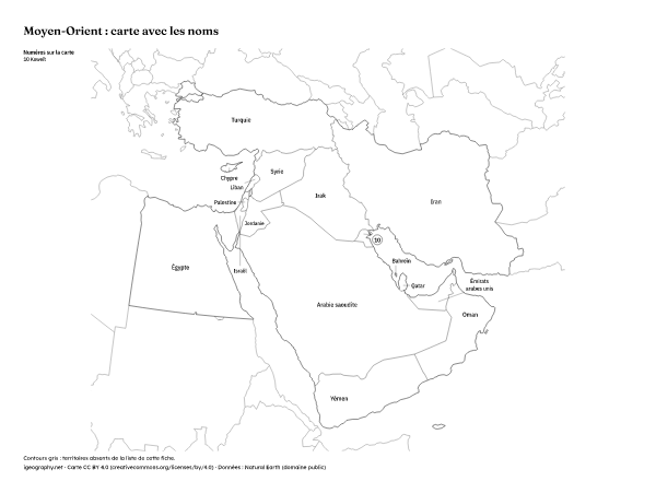 Carte du Moyen-Orient vierge à imprimer : Carte avec les noms (aperçu)