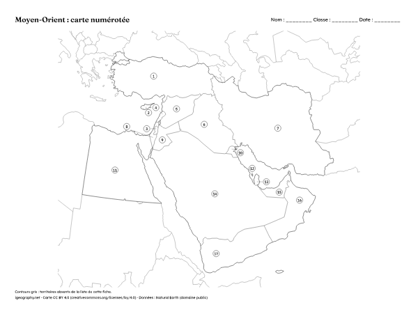 Carte du Moyen-Orient vierge à imprimer : Carte numérotée et corrigé (aperçu)