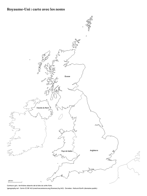 Carte du Royaume-Uni vierge avec ses quatre pays : Carte avec les noms (aperçu)