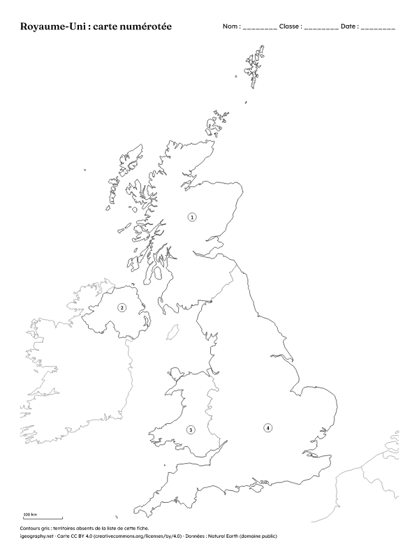 Carte du Royaume-Uni vierge avec ses quatre pays : Carte numérotée et corrigé (aperçu)