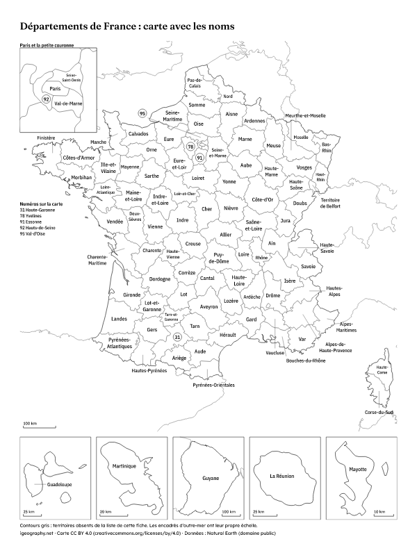 Carte de France vierge avec les départements : Carte avec les noms (aperçu)