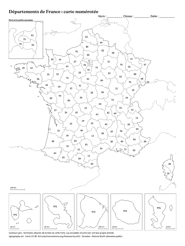 Carte de France vierge avec les départements : Carte des départements avec les numéros (aperçu)